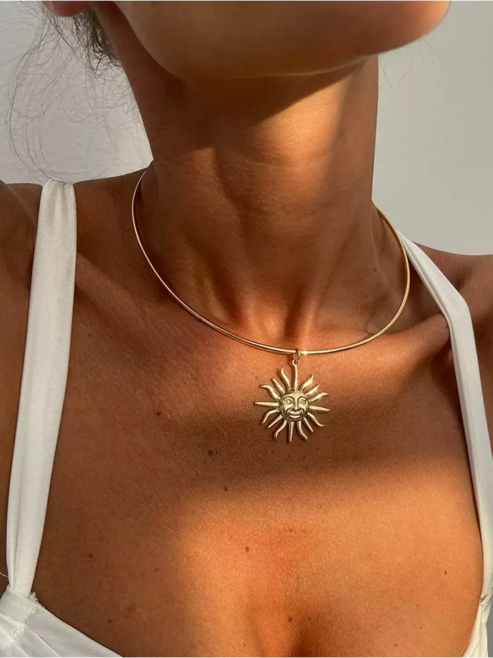 Anthropologie Gold Sun Face Pendant Choker Necklace